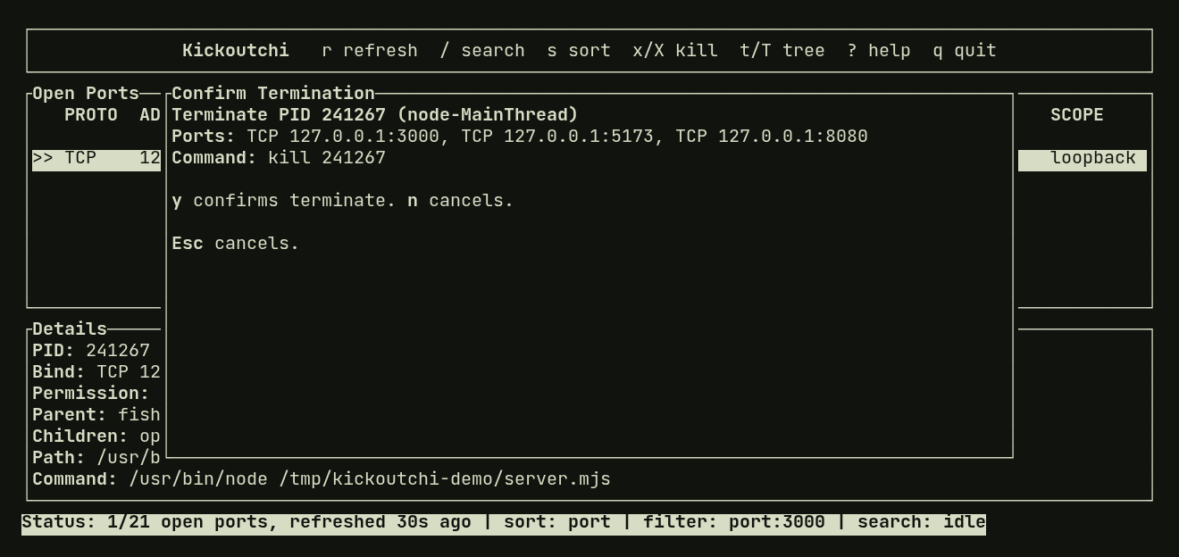 The real confirmation dialog identifies the Node.js process, lists its ports 3000, 5173, and 8080, and offers y to confirm or Escape to cancel.