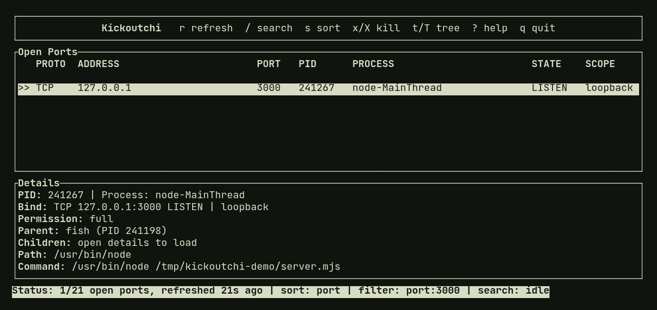 Kickoutchi 1.4.2 showing a selected Node.js process on port 3000, its listening address, process details, and keyboard shortcuts for inspecting or terminating it.